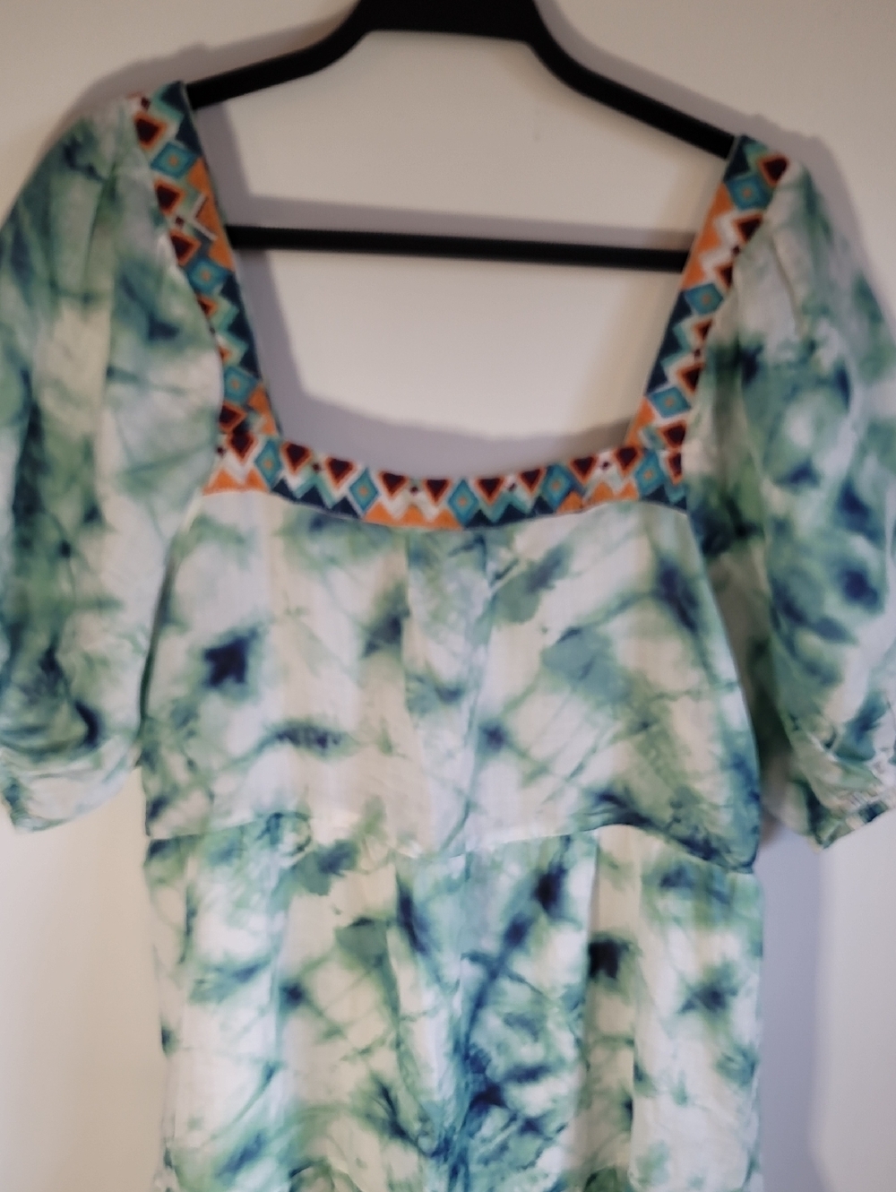 Green Tie-Dye Square-Neck Women's Tunic with Embroidered Trim Fits XL